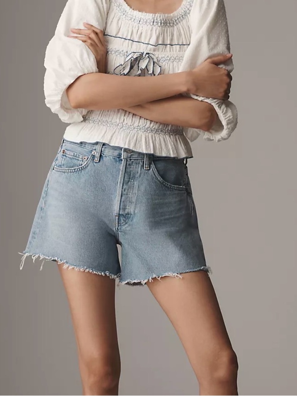 Agolde Light Blue Distressed High-Rise Denim Shorts